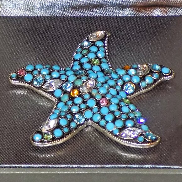 New Dillard's Starfish Statement Brooch  Openwork Turquoise Beads & Crystals - Picture 4 of 7